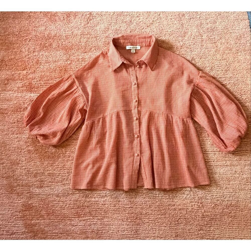 Charmed Hearts Gingham Babydoll Top Puff Sleeve Button Front Size S